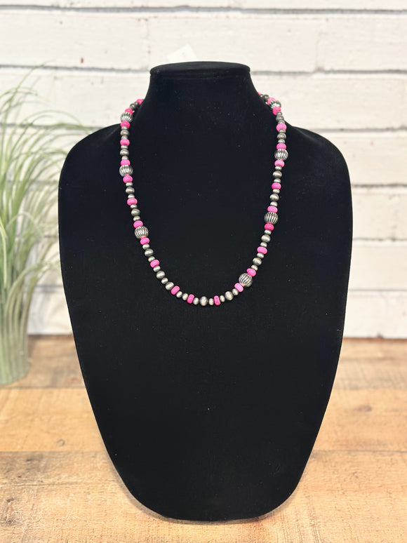 Western Silver Beaded Necklace | Hot Pink