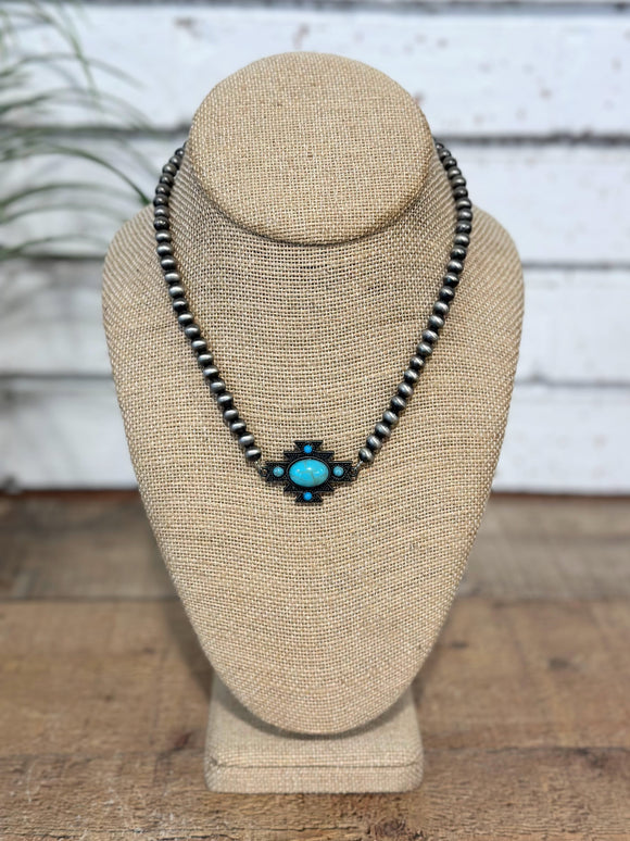 Western Turquoise Stone Aztec Necklace | Silver