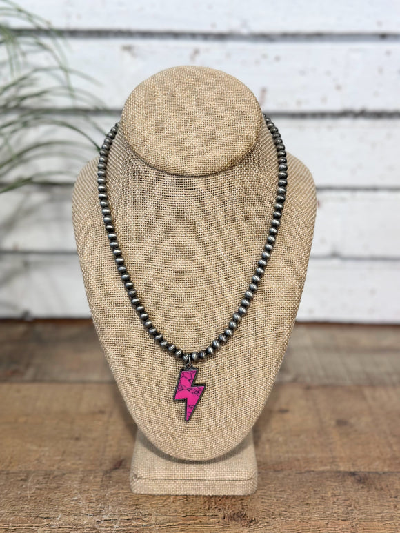 Western Lightning Bolt Necklace | Hot Pink+Silver