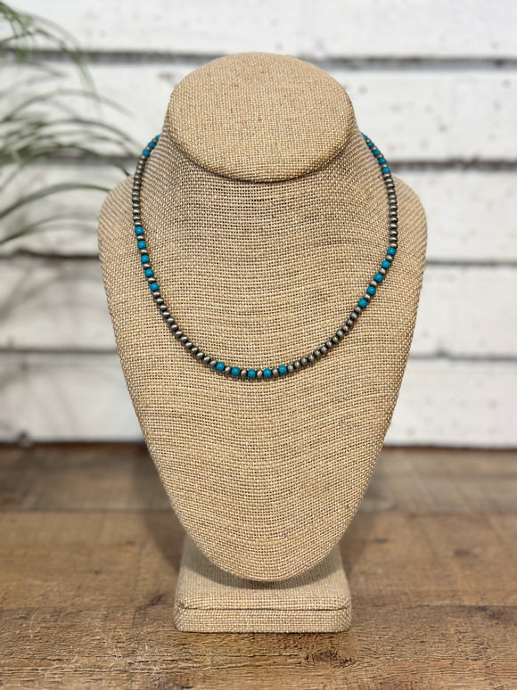 Western Beaded Silver Short Necklace | Turquoise