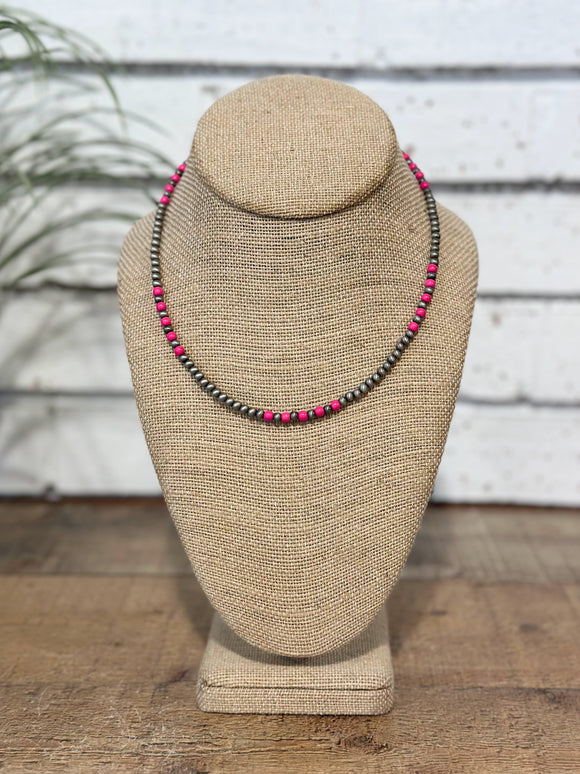 Western Beaded Silver Short Necklace | Hot Pink