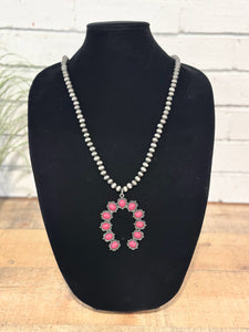 Western Squash Blossom Long Necklace | Hot Pink+Silver