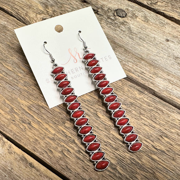 Western Stone Long Earrings | Red+Silver