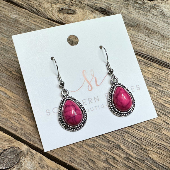 Western Stone Petite Drop Earrings | Hot Pink+Silver