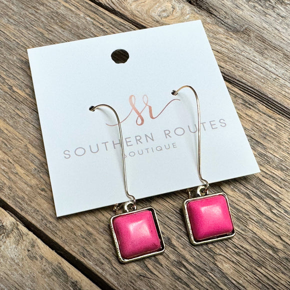 Western Stone Square Drop Earrings | Hot Pink+Gold
