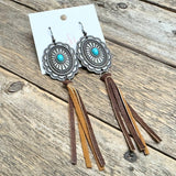 Leather Tassel Concho Earrings | Silver