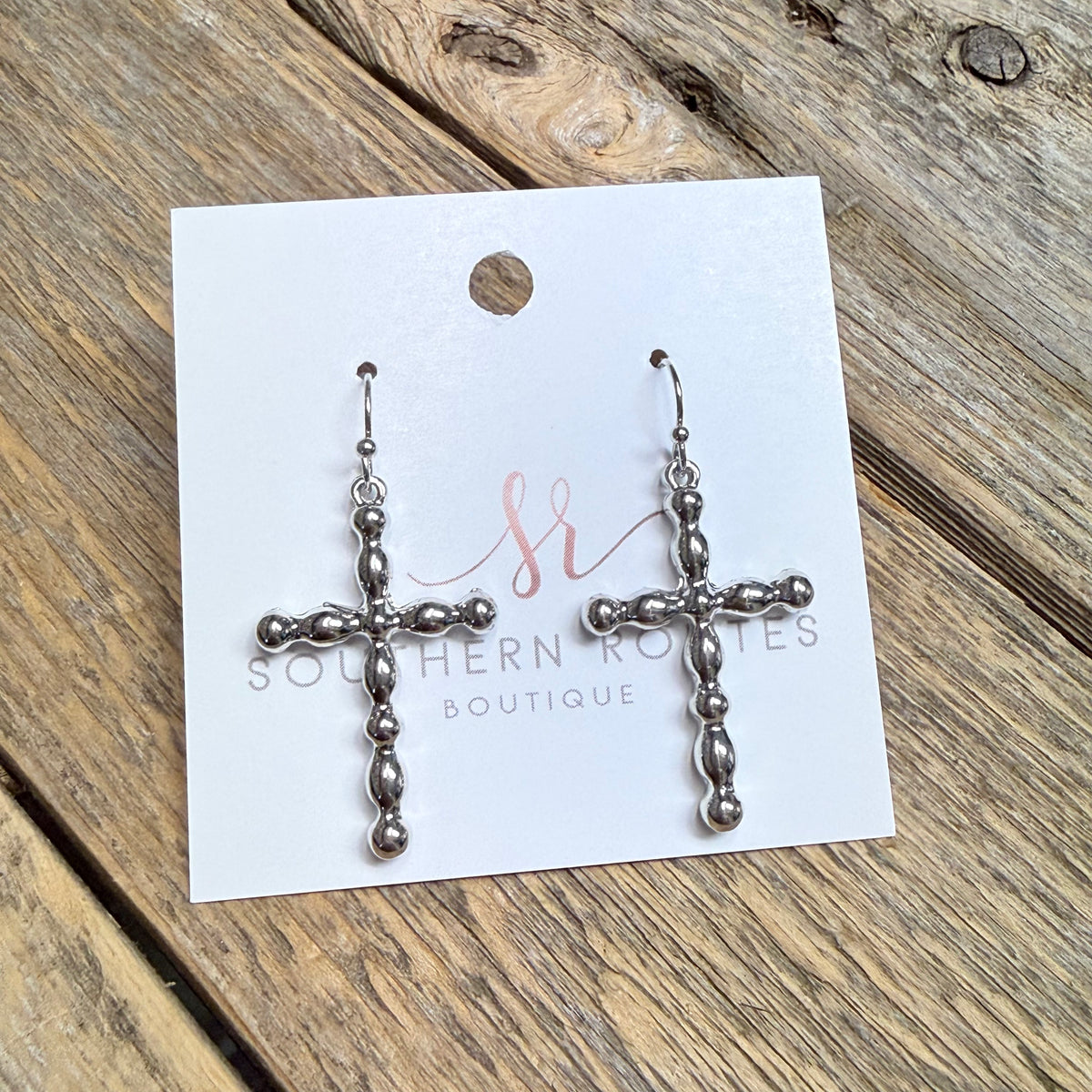 Bead Metal Cross Earrings | Silver