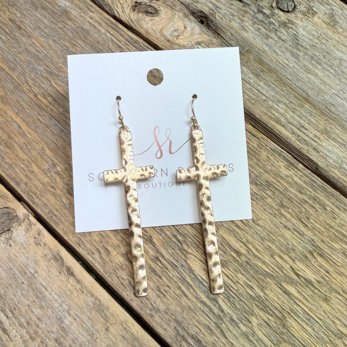 Hammered Long Metal Cross Earrings | Gold