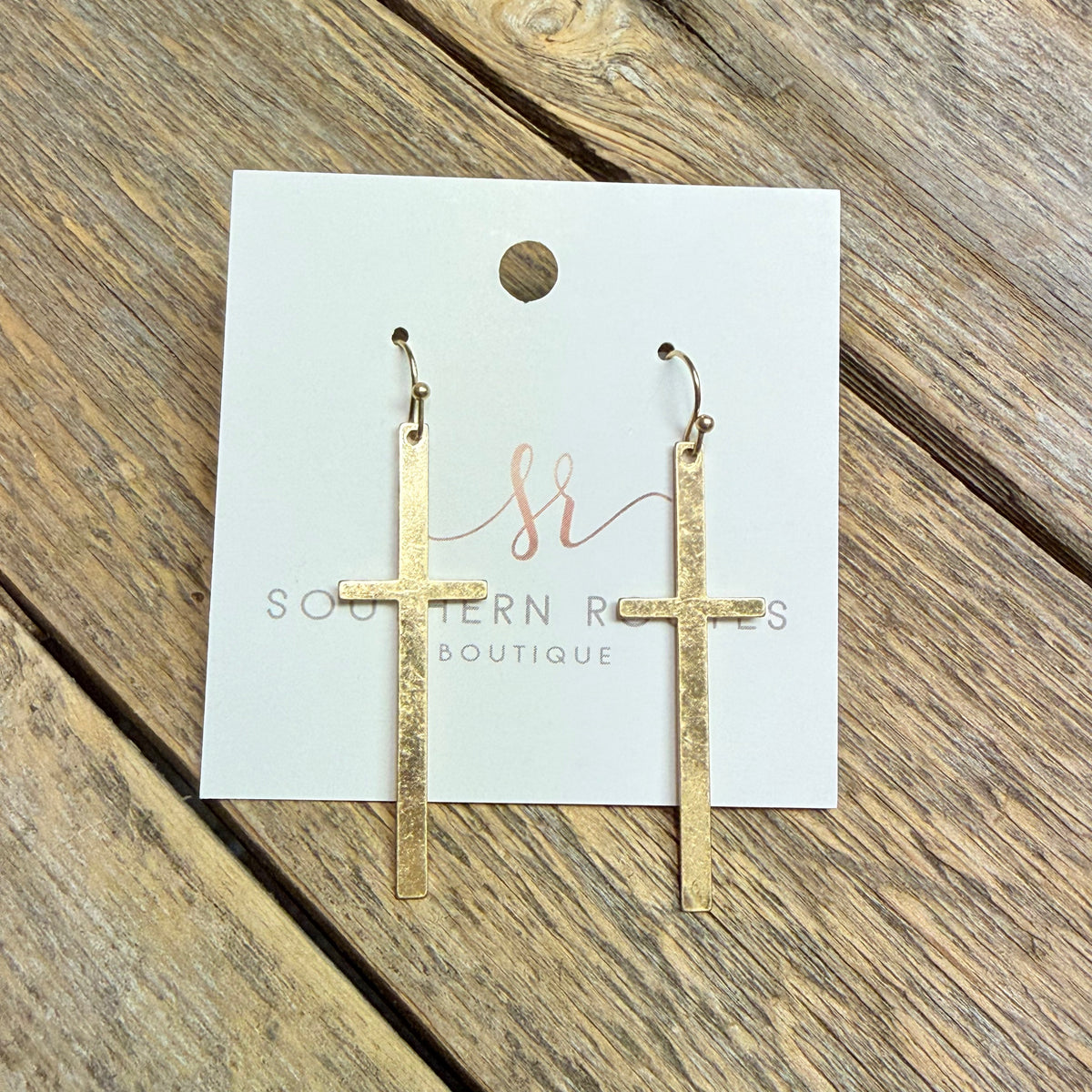 Shiny Metal Cross Earrings | Worn Gold