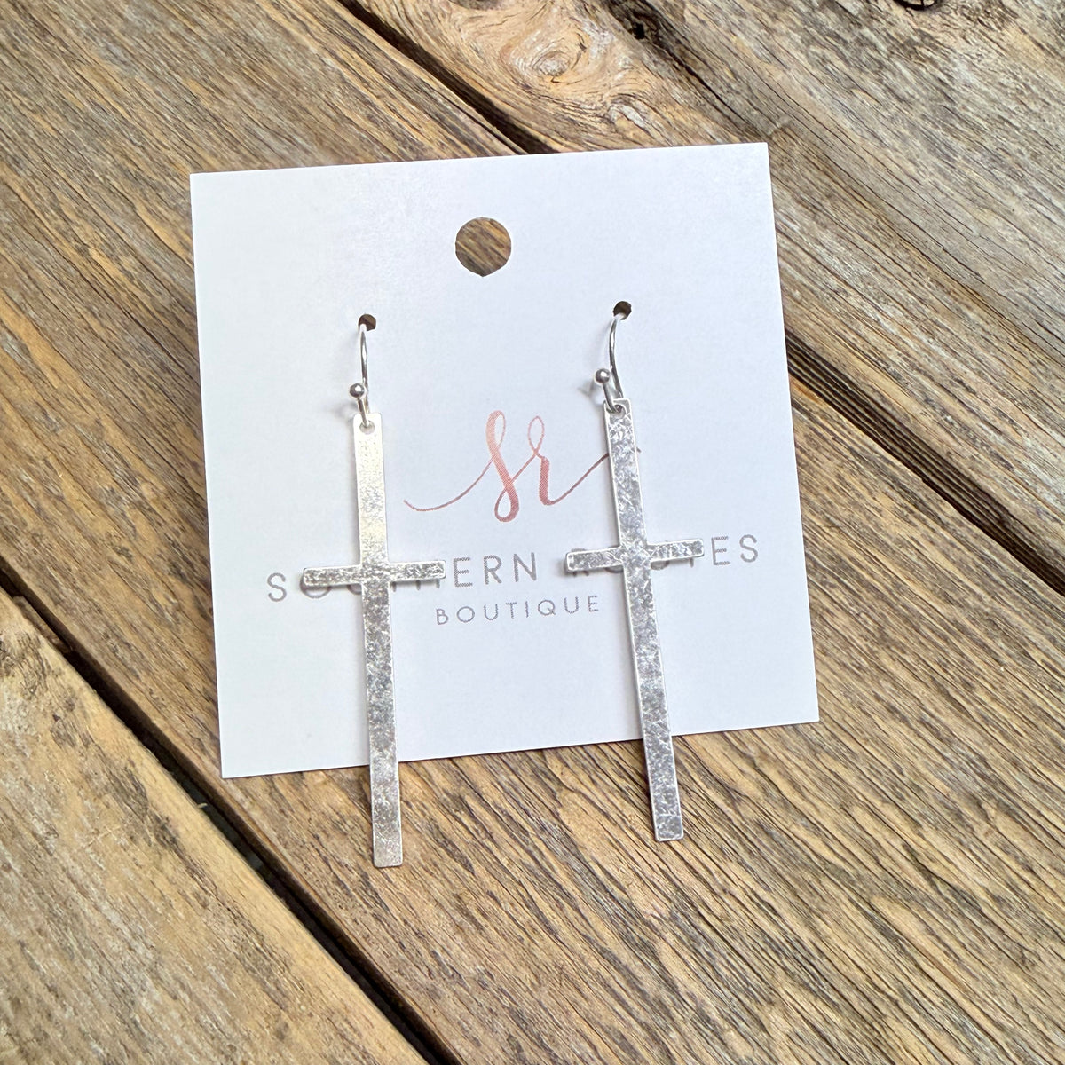 Shiny Metal Cross Earrings | Worn Silver