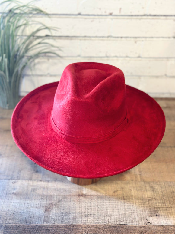 Vegan Suede Pencil Brim Rancher Hat | Red