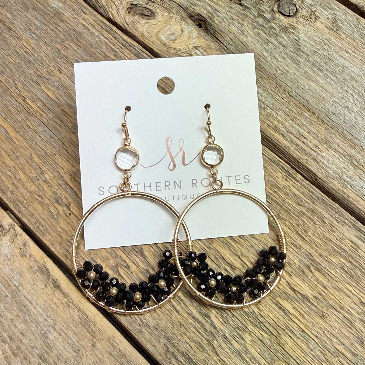 Clear Crystal Floral Circle Drop Earrings | Black
