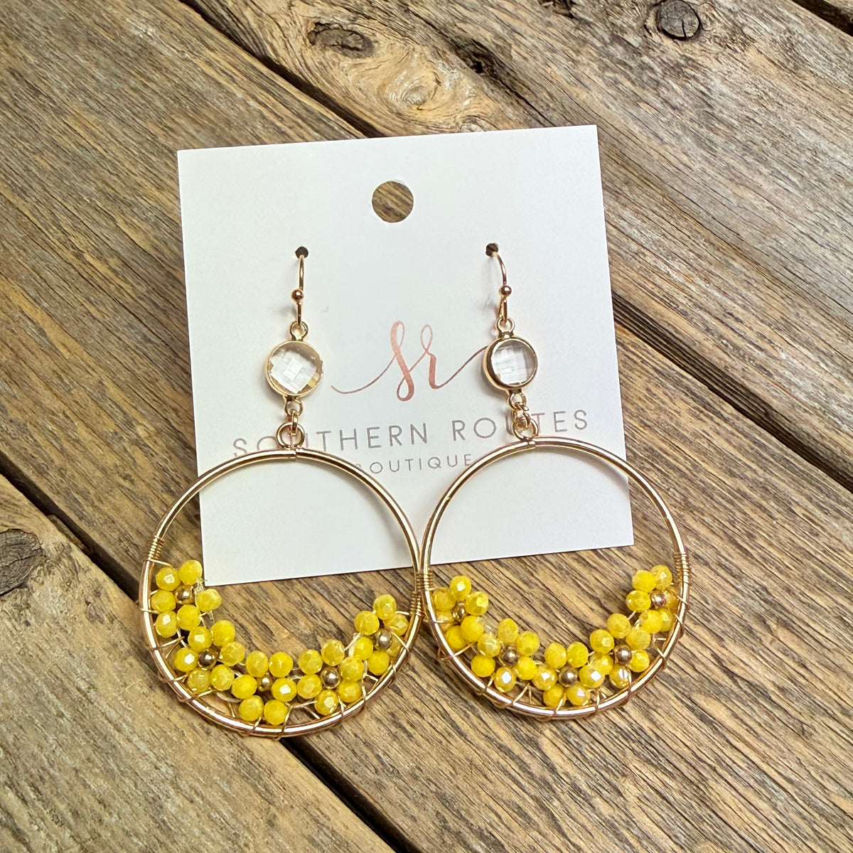 Clear Crystal Floral Circle Drop Earrings | Yellow