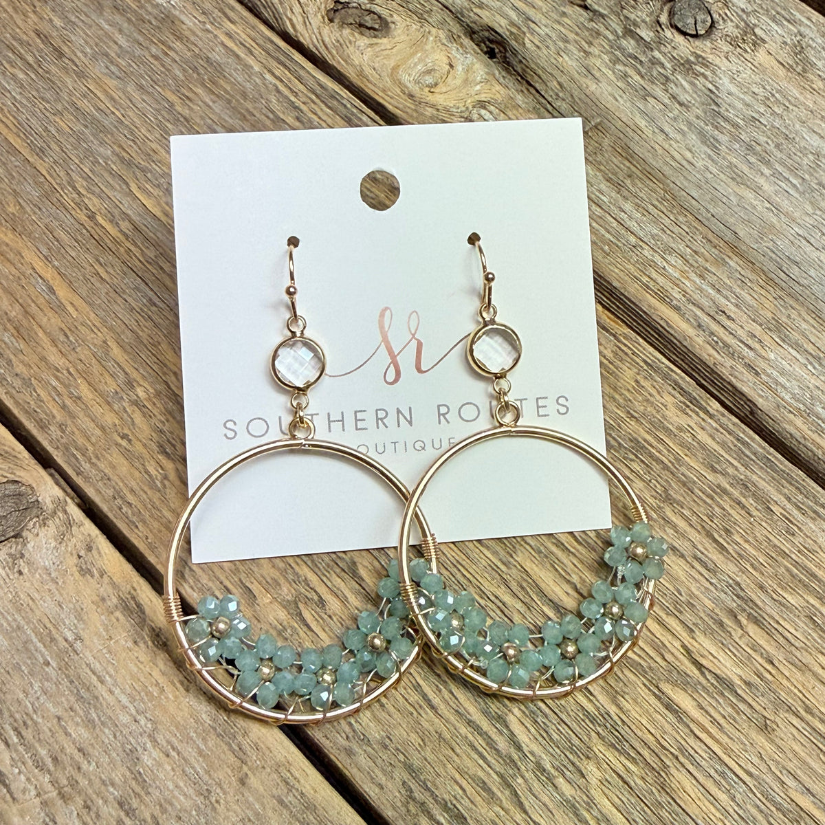 Clear Crystal Floral Circle Drop Earrings | Mint Blue