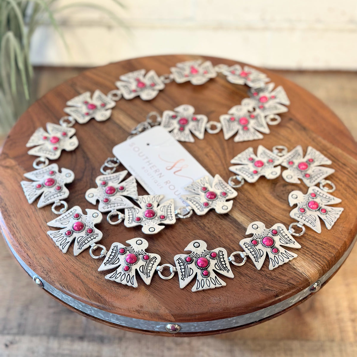 Western Thunderbird Worn Silver Belt | Hot Pink