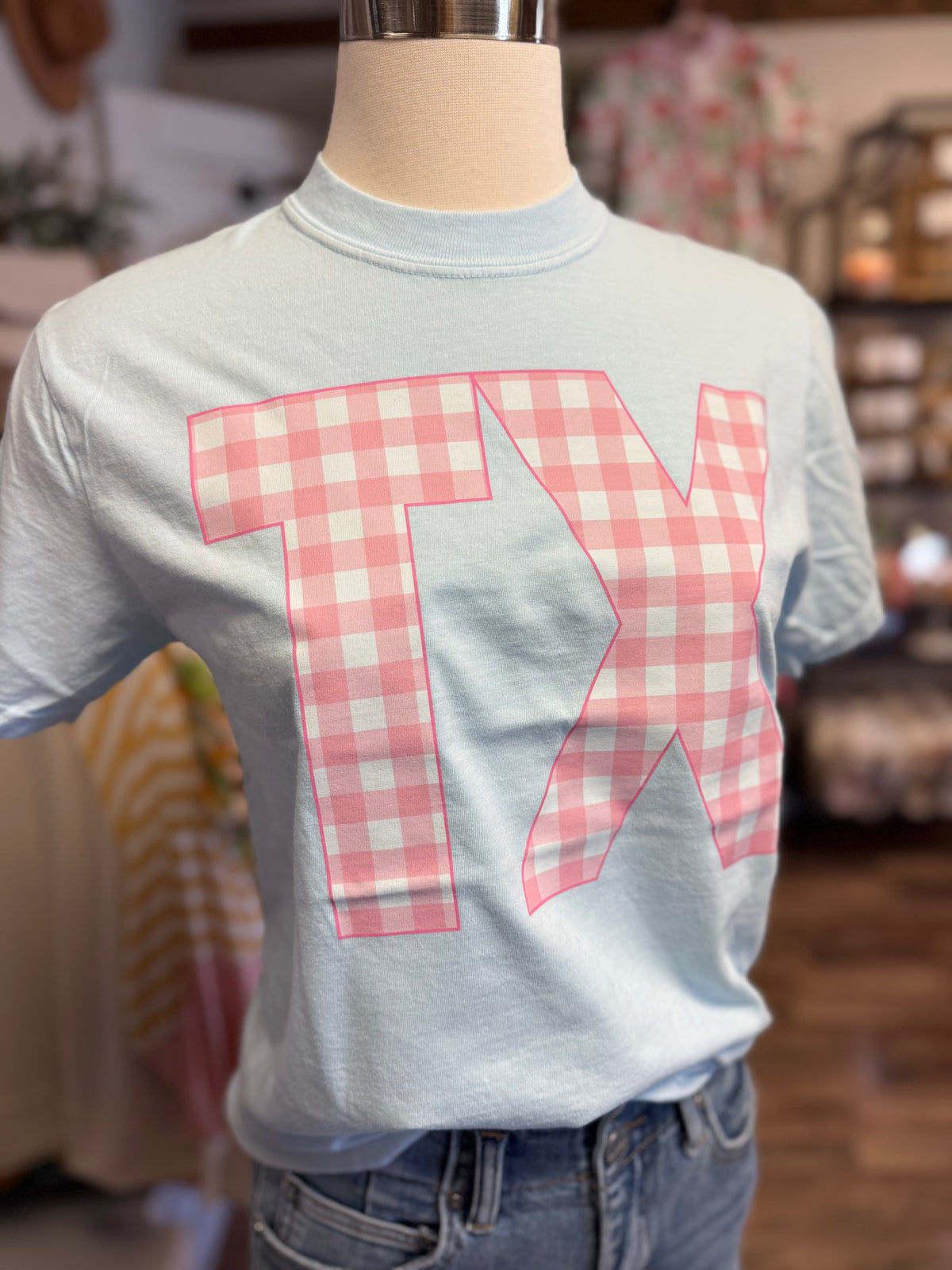 TX Pink Gingham Tee | Chambray Blue