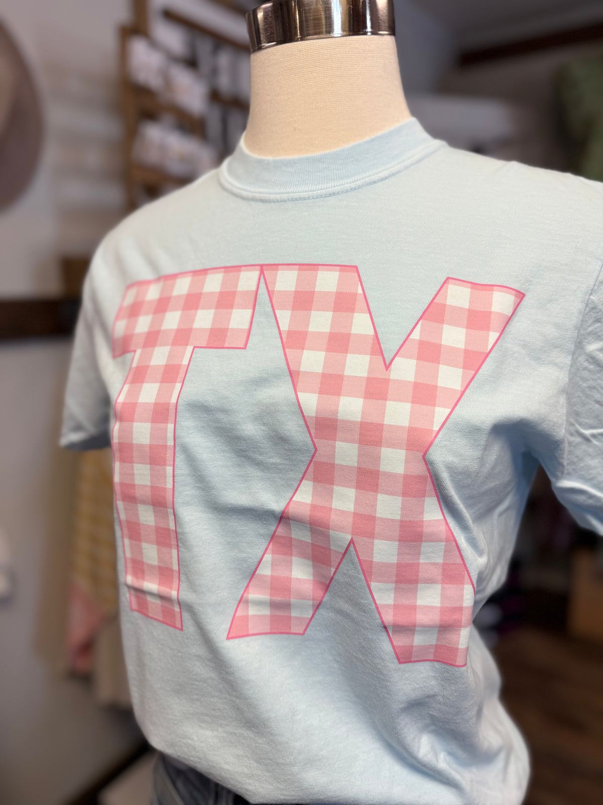 TX Pink Gingham Tee | Chambray Blue