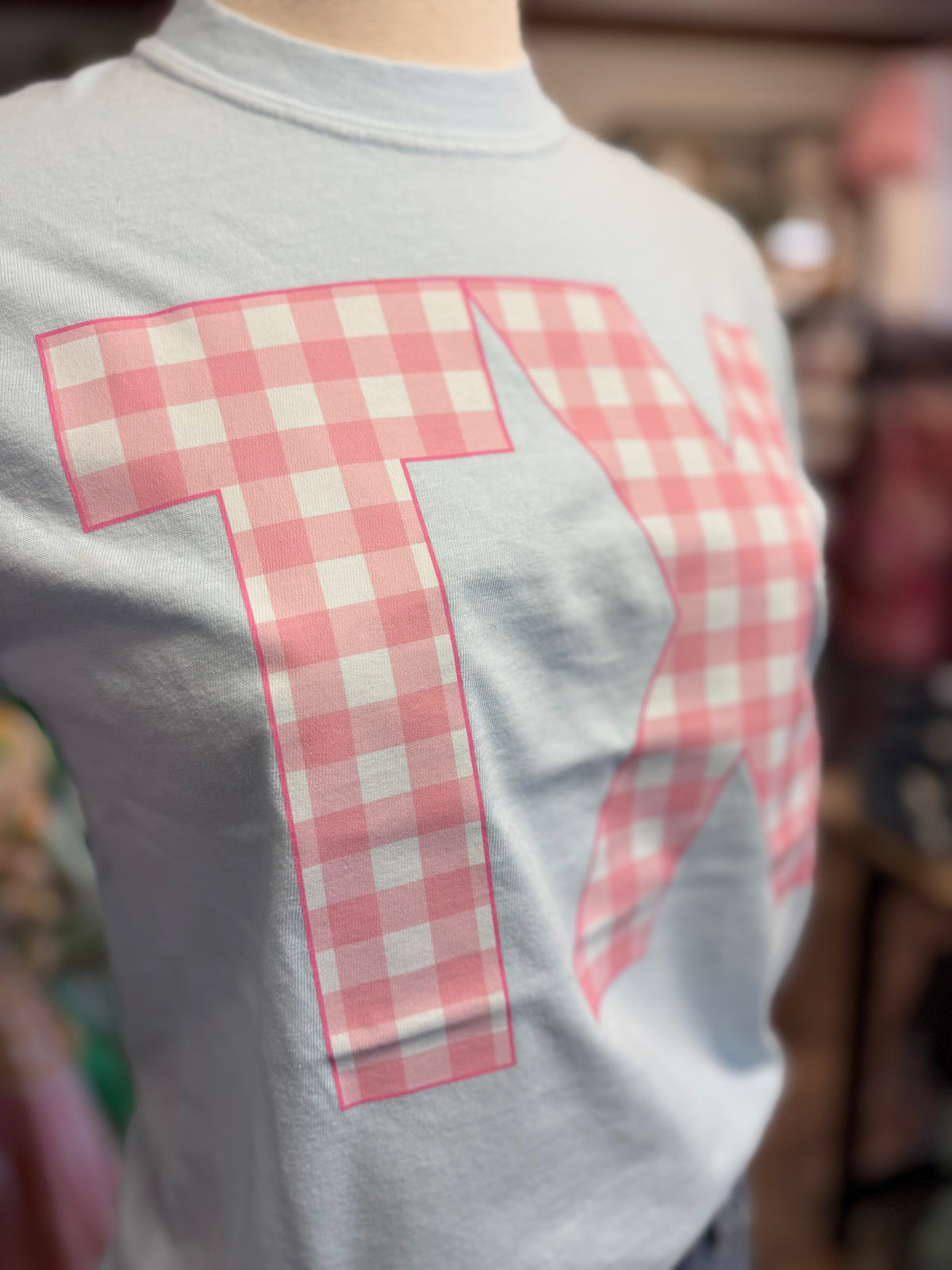 TX Pink Gingham Tee | Chambray Blue