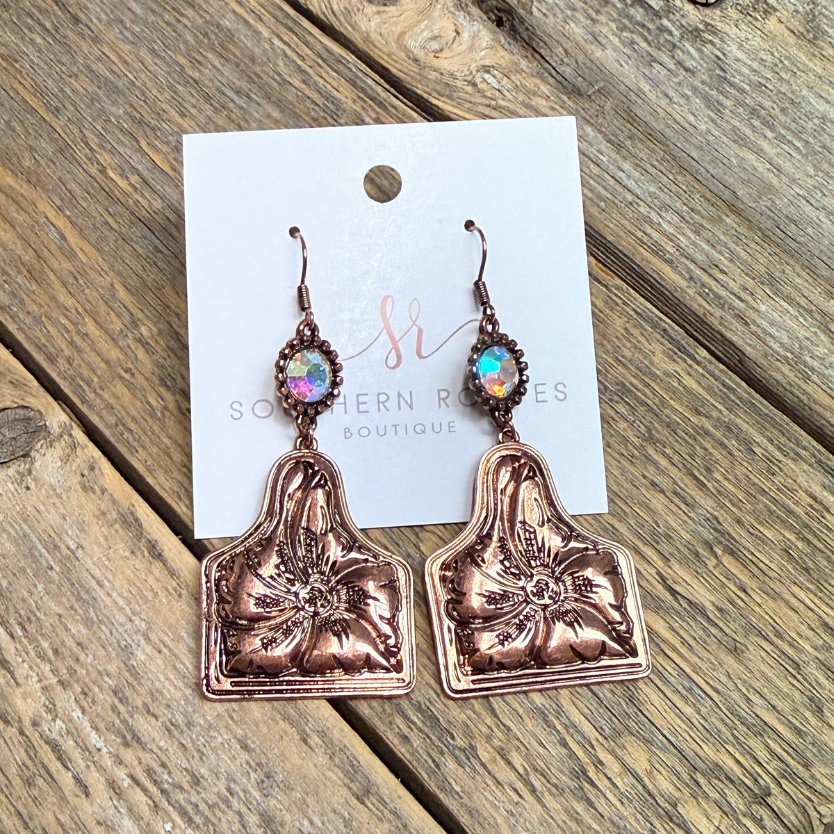 Floral AB Crystal Tag Western Earrings | Bronze