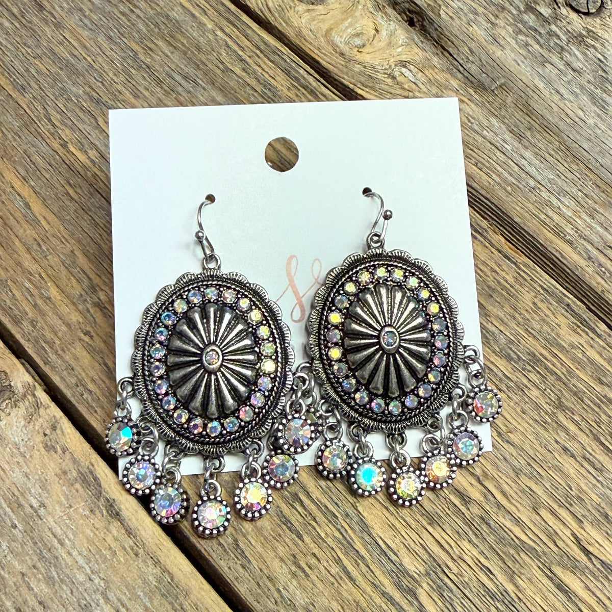 AB Crystal Oval Western Earrings | Silver
