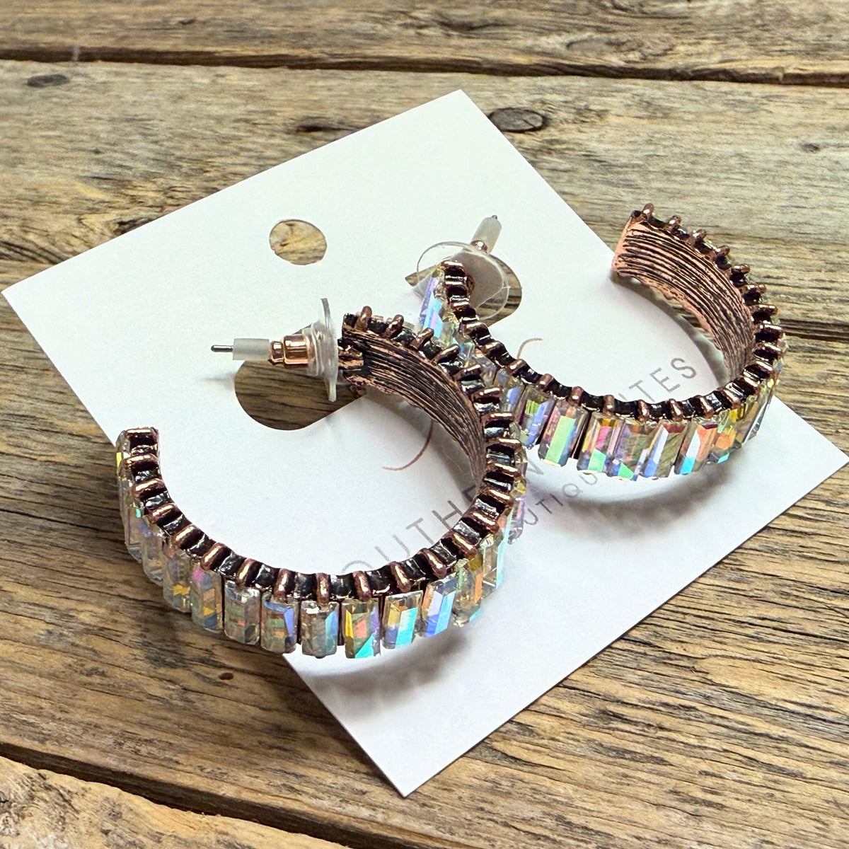 AB Crystal Bar Hoop Western Earrings | Bronze
