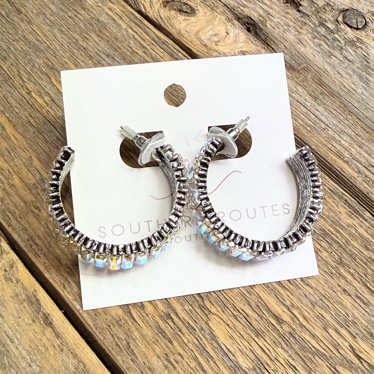 AB Crystal Bar Hoop Western Earrings | Silver