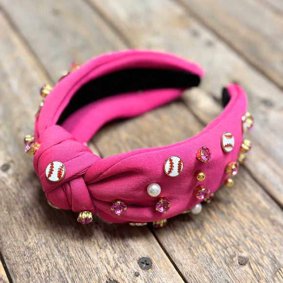 Baseball Embellished Knot Headband | Hot Pink