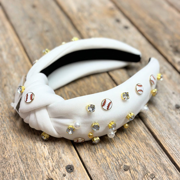 Baseball Embellished Knot Headband | White