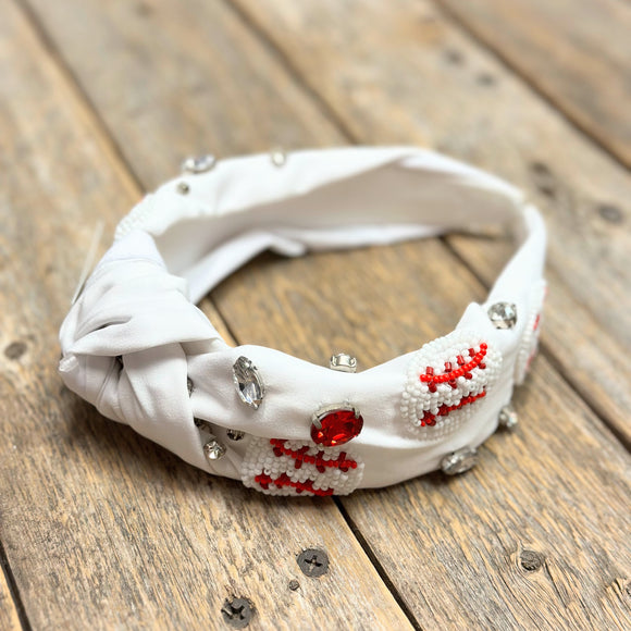 Baseball Seed Bead Knot Headband | White