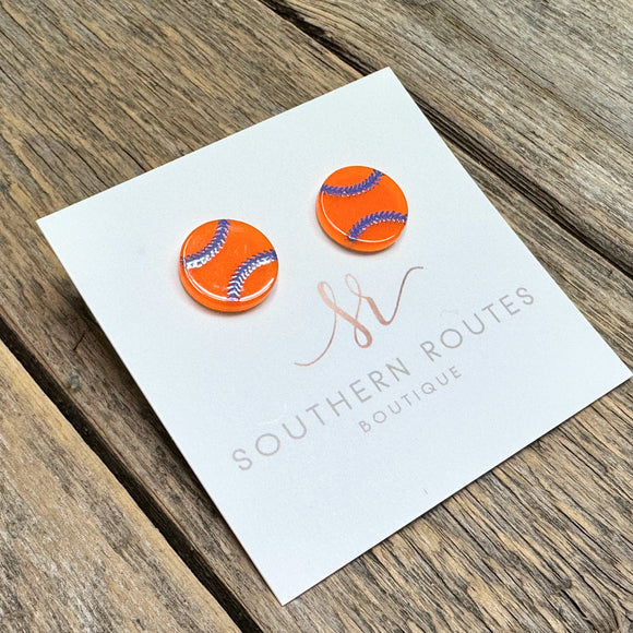 Acrylic Baseball Shimmer Stud Earrings | Orange
