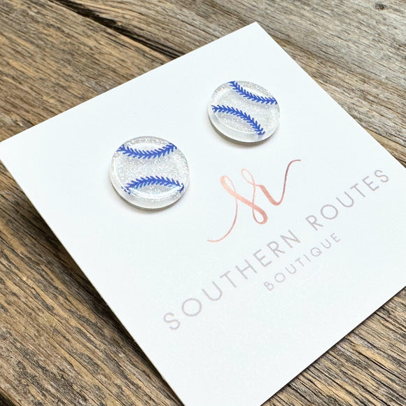 Acrylic Baseball Shimmer Stud Earrings | White