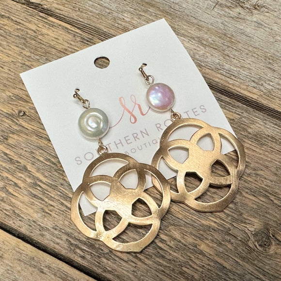 Satin Pearl Accent Filigree Earrings | Gold