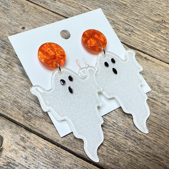 Glitter Acrylic Ghost Earrings | White+Orange