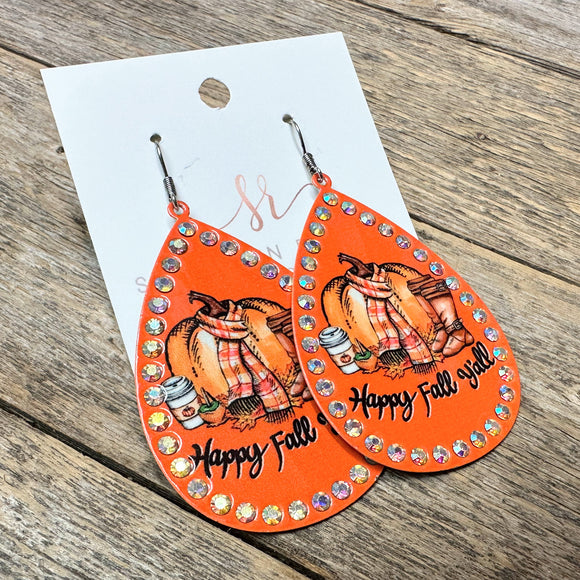 Happy Fall Y'all Metal Rhinestone Earrings
