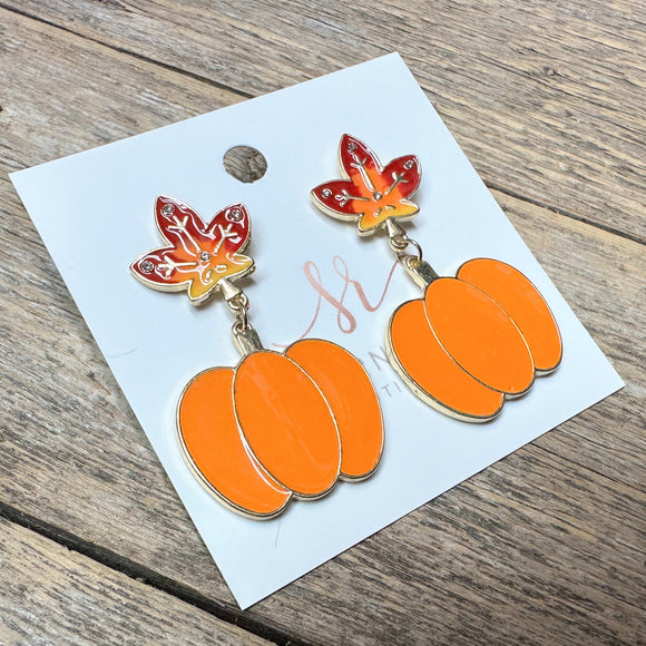 Fall Pumpkin+Leaf Stud Drop Earrings