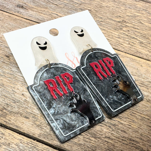 Spooky Tombstone Acrylic Earrings | Smoky