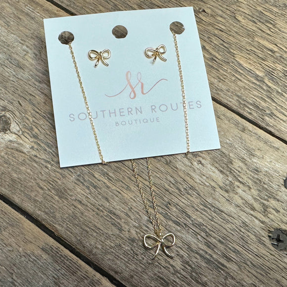 Ribbon Bow | 18k Gold Dipped Necklace+Earring Set