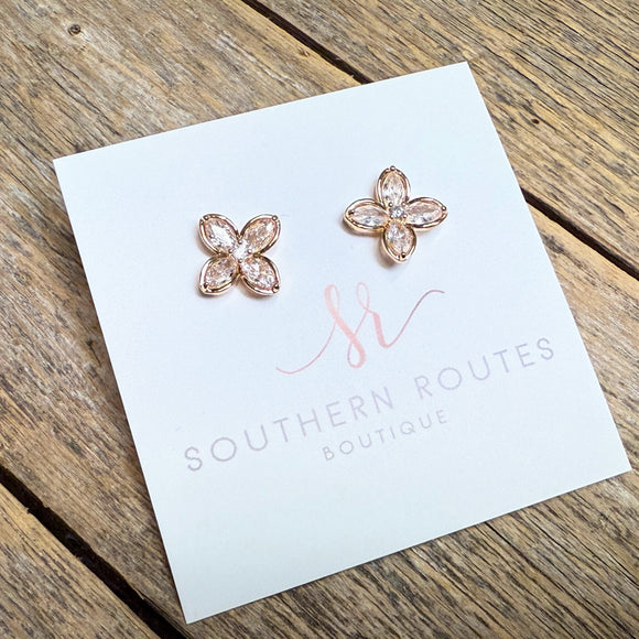 Flower Crystal Stud Earrings | Gold