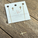 Brushed Cross | 18k Gold Dipped Necklace+Earring Set