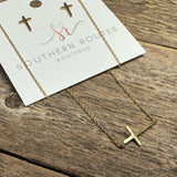 Brushed Cross | 18k Gold Dipped Necklace+Earring Set