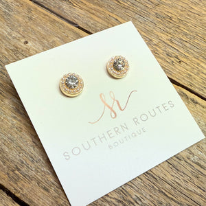 Clear/Pearl Crystal Rhinestone Stud Earrings | Gold