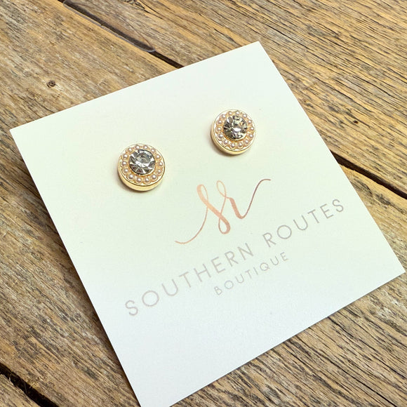 Clear/Pearl Crystal Rhinestone Stud Earrings | Gold