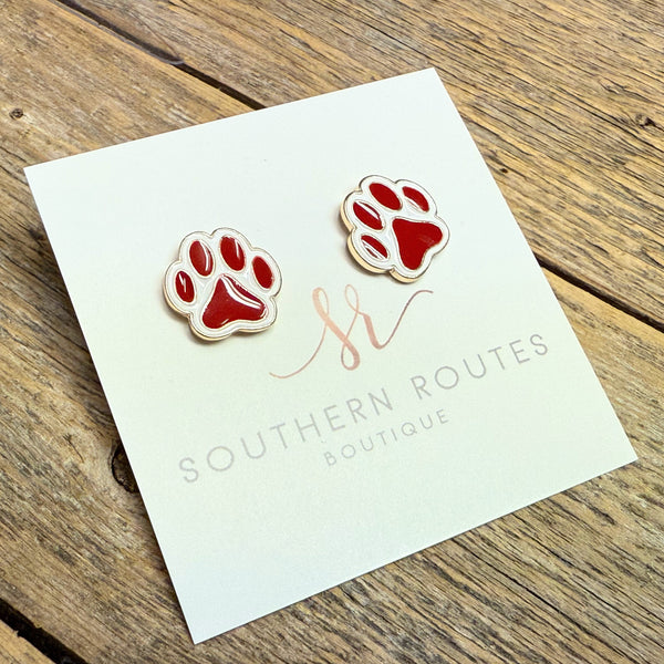 Gold Outline Cougar Paw Stud Earrings | Red/White