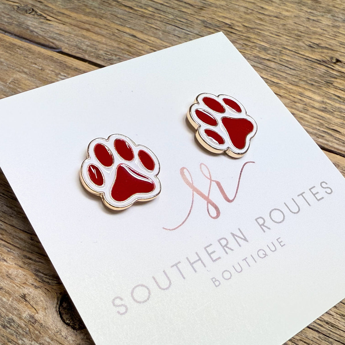 Gold Outline Cougar Paw Stud Earrings | Red/White