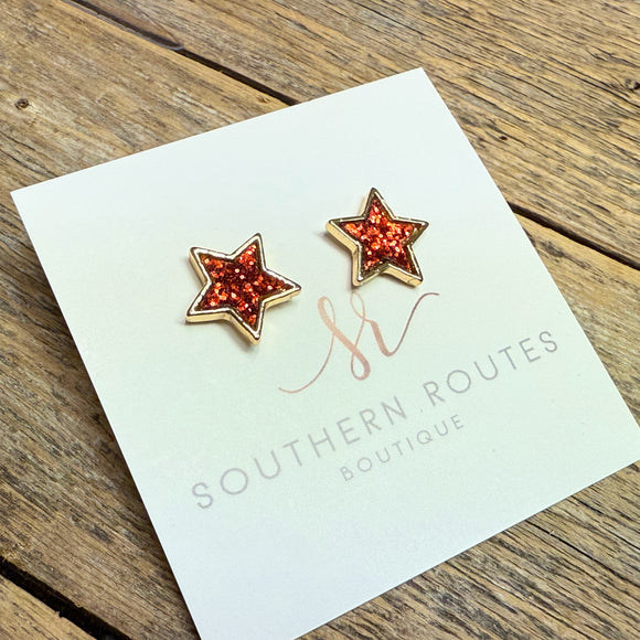 Glitter Star Stud Earrings | Red/Gold