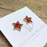 Glitter Star Stud Earrings | Red/Gold
