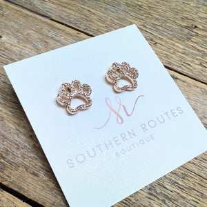 Crystal Cougar Paw Stud Earrings | Clear/Gold