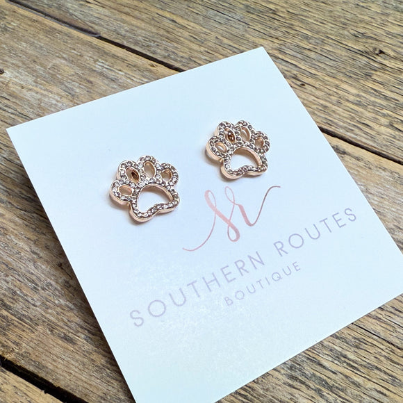 Crystal Cougar Paw Stud Earrings | Clear/Gold