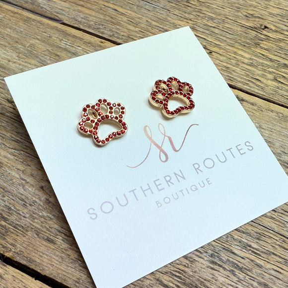 Crystal Cougar Paw Stud Earrings | Red/Gold