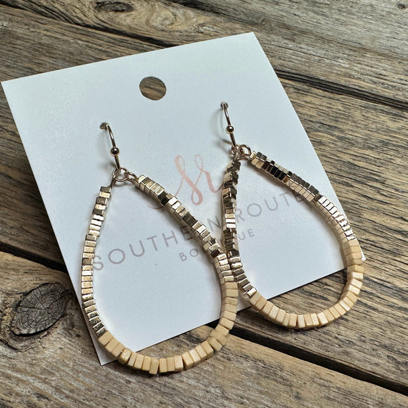 Square Beaded Teardrop Earrings | Natural